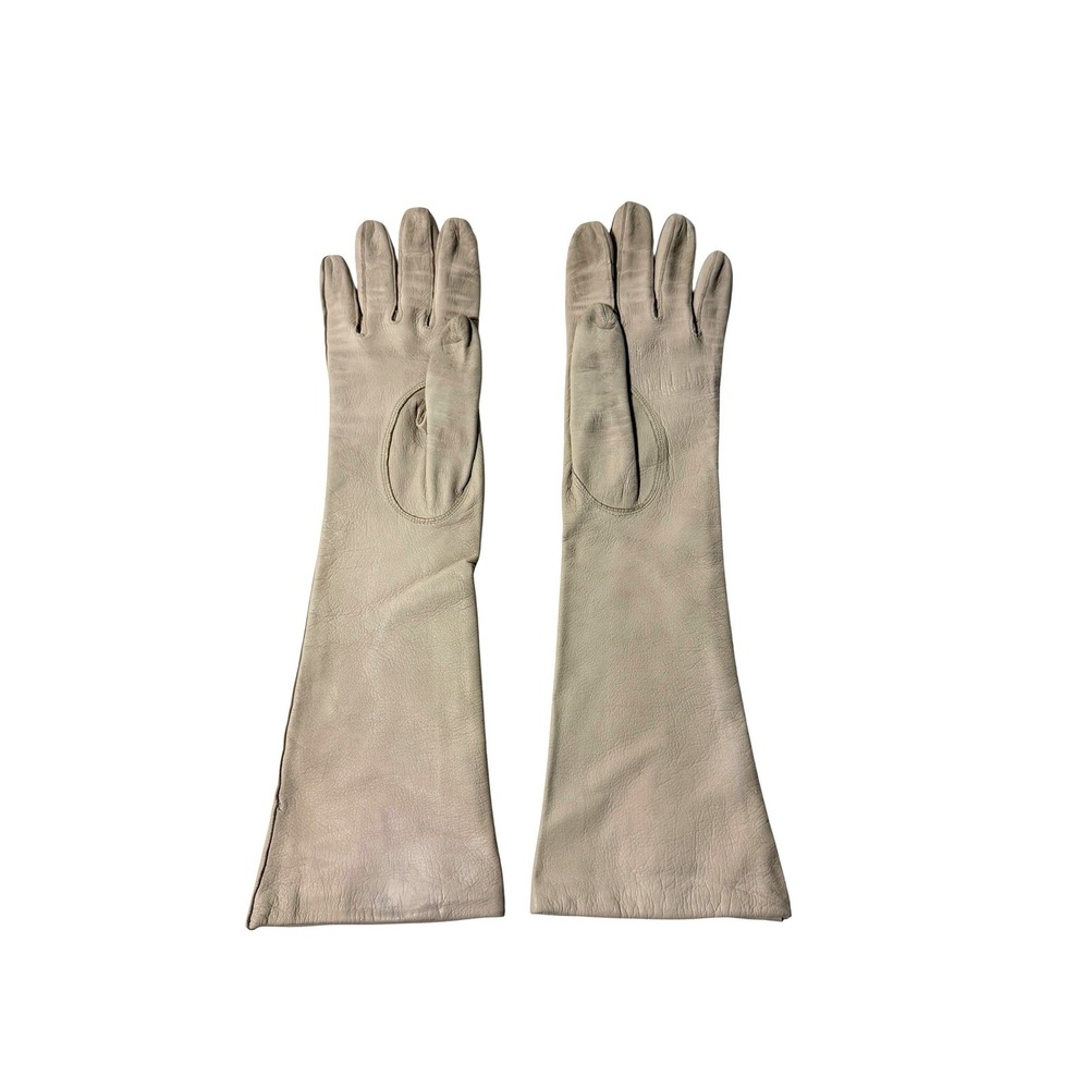Kislav Vintage Beige Leather Opera Length Gloves Made in France Sz 6.5 Tan Long - Picture 2 of 4